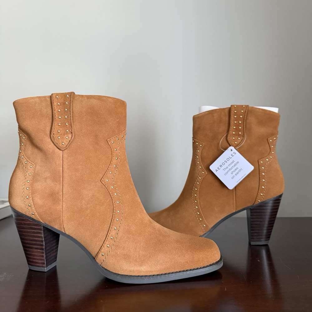 Aerosoles Lazu Ankle Boot Suede Leather Western Tan 9.5M